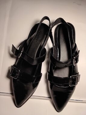 Women's Black Patent Pointed Slingback Flats with Buckles